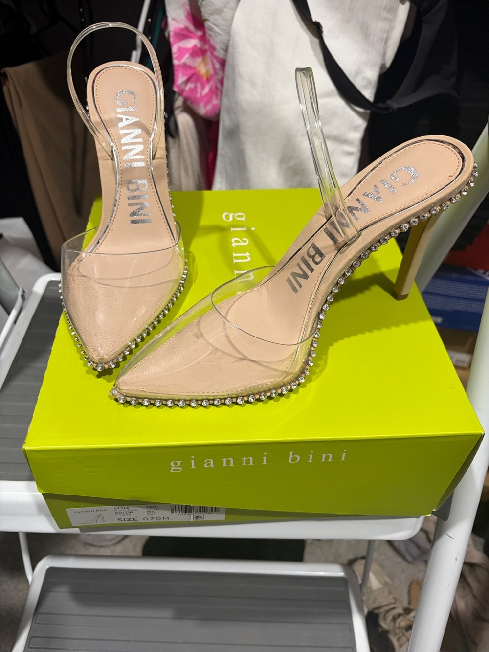 Gianni Bini Blush Pointed-Toe Slingback Heels with Clear Straps & Crystal Trim